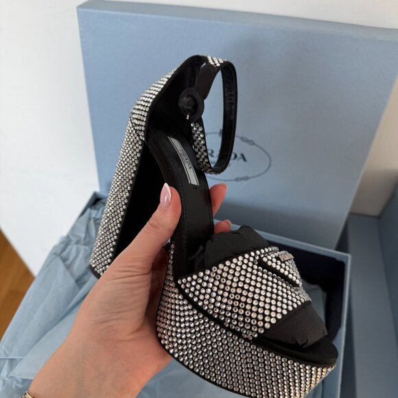 Prada Satin Black Embellished Platform Heels Logo Crystal Pumps Sandals - Picture 5 of 9